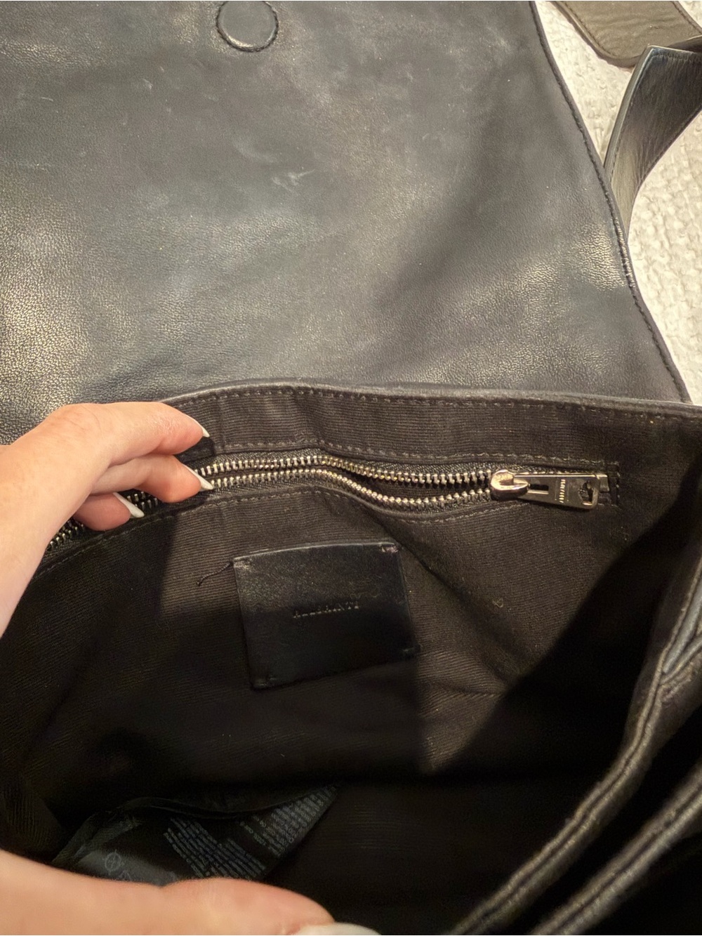 AllSaints Black Leather Flap Crossbody Bag | Wide Adjustable Strap - Picture 5 of 6